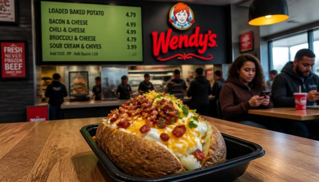 What are the Wendy's Fries & Sides Prices? 4 gpt image 2 A photograph of a Wendy s baked potato with various toppings including sour crea 0