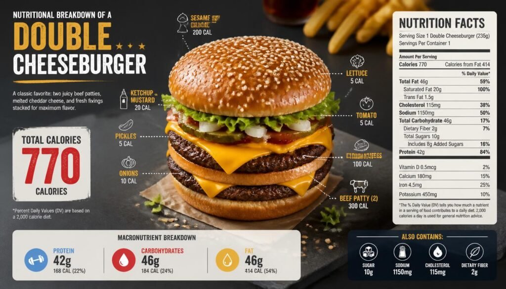 Double Cheeseburger: Ingredients, Calories, Nutrition, Allergens, and What Makes It So Familiar 3 gpt image 2 A visually informative and appetizing infographic illustrating the nutritional b 0